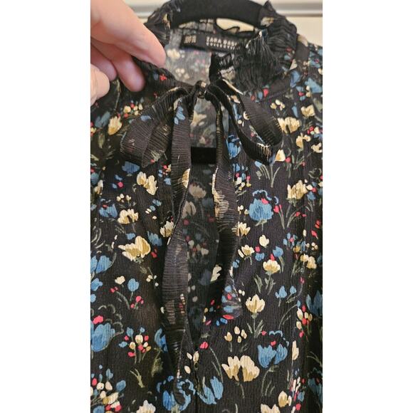 Zara Basic Black Dress XS Flowy Flounce Sleeves Black Floral Ruffles Whimsy Goth - Picture 8 of 12